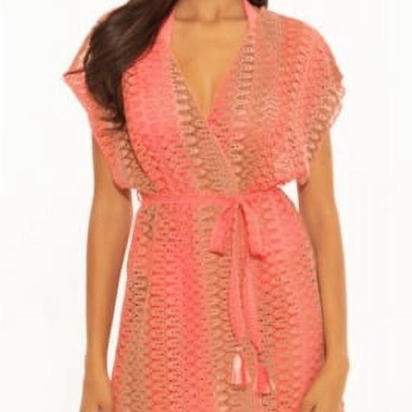 Becca by Rebecca Virtue CORAL MULTI Neon Crochet Swim Cover-Up M/L swim dress - Picture 3 of 7